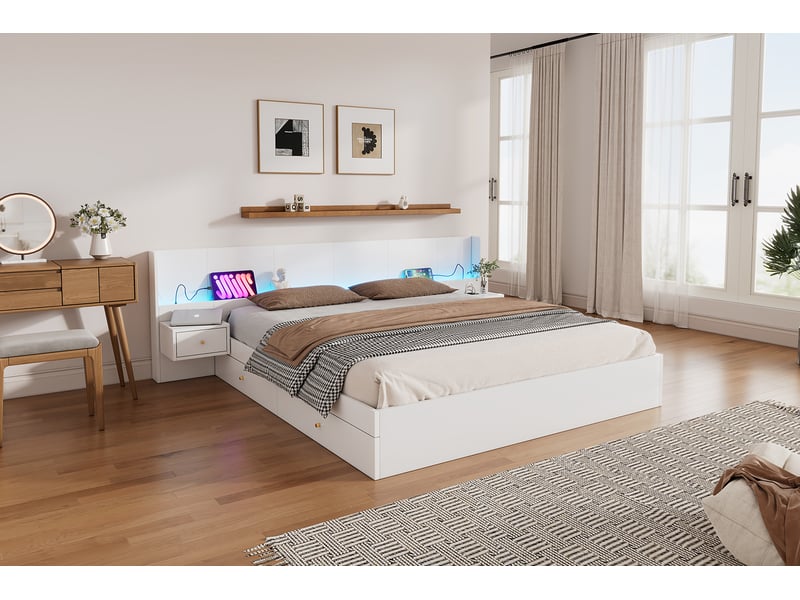  Lit double 180x200 avec led et port usb - blanc avec tiroirs de rangement et 2 chevets  - Conforama E