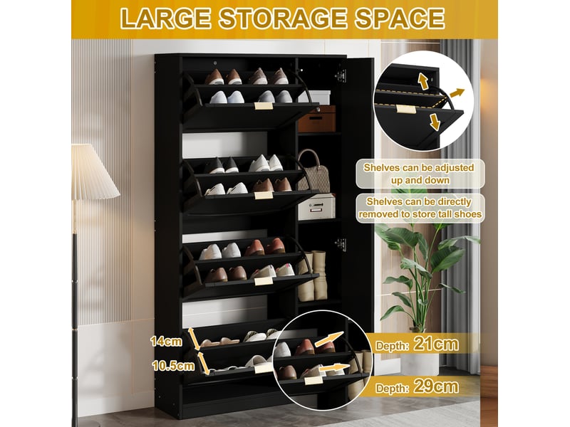 Meuble à chaussures avec miroir 80x147x24 cm, meuble d'entrée avec 5 portes, niches réglables, panneaux particules, noir  - Conforama E