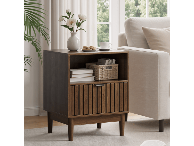  Table de chevet noyer 45 x 39 x 56,5 cm avec tiroir, niche ouverte et pieds en bois  - Conforama E