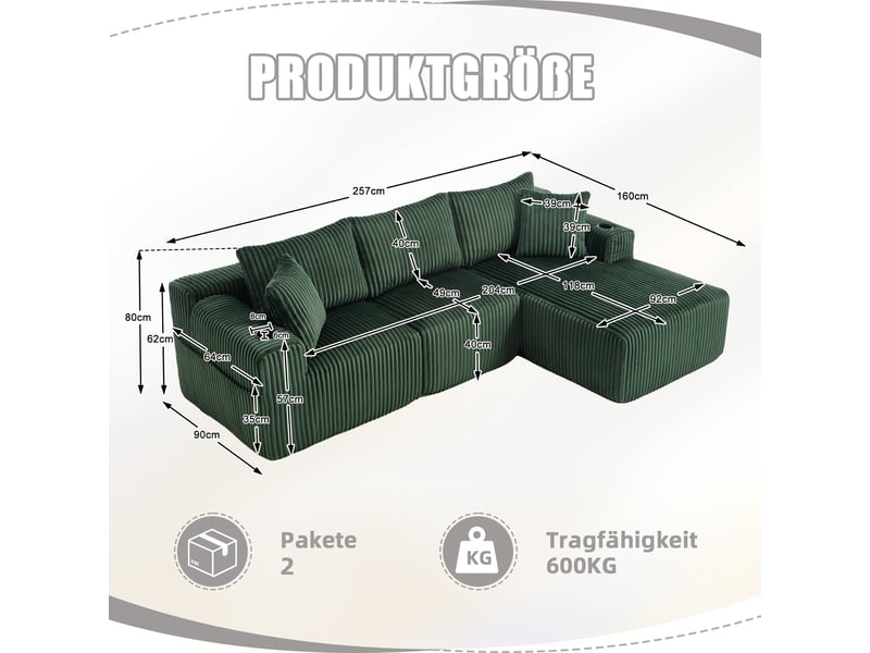  Canapé modulable 257 x 90-160 x 62 cm, méridienne, module 2 places, 5 coussins, porte-gobelets, poches latérales, velours côtelé, vert Seren Glow - Conforama C