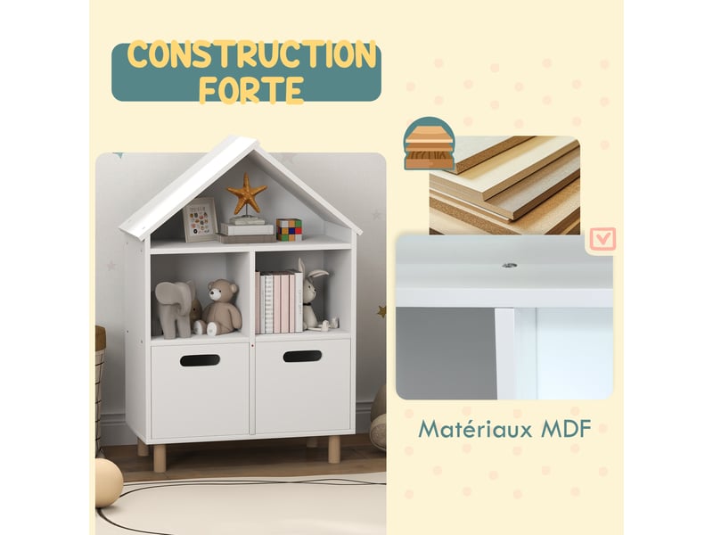  Bibliothèque enfants meuble de rangement enfants 3 niveaux avec deux tiroirs forme de maison blanc 63,7 x 29,7 x 89 cm  - Conforama E