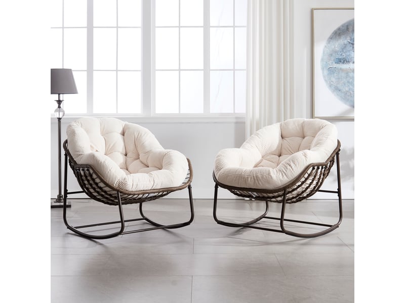  Fauteuil à bascule d'extérieur en rotin synthétique blanc W2021P459118 - Conforama B
