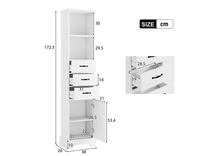  Colonne salle de bain blanche 38 × 26 × 173 cm, 3 tiroirs, étagères réglables  - Conforama C