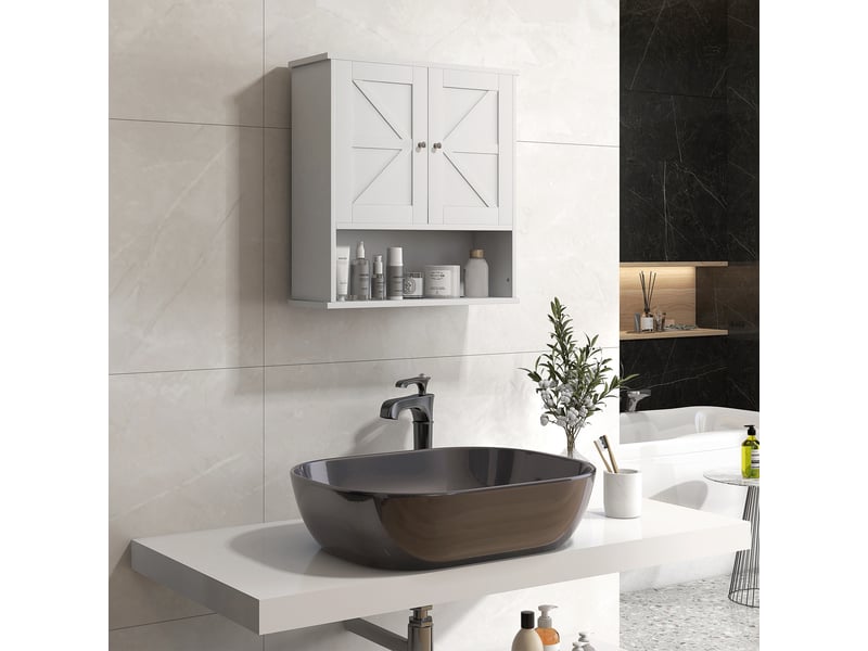 Meuble de salle de bain mural, style rustique, avec compartiments, étagère réglable, 2 portes, blanc - Conforama B