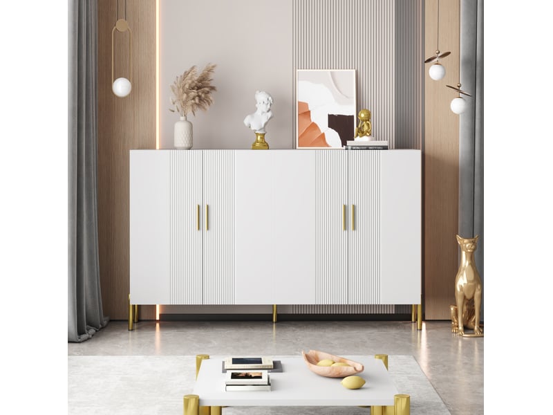 Buffet 160x35x100 cm 4 portes panneau de particules blanc mat et doré - Conforama C