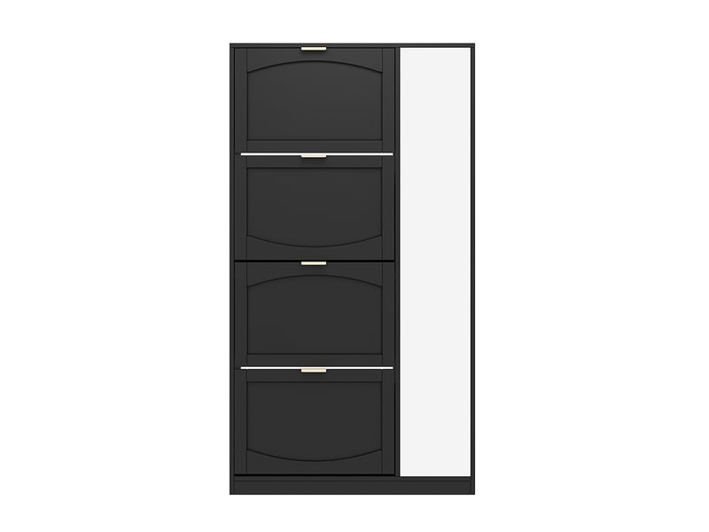 Meuble à chaussures moderne couloir noir avec miroir 4 compartiments rabattables étagère réglable derrière miroir droit  - Conforama E