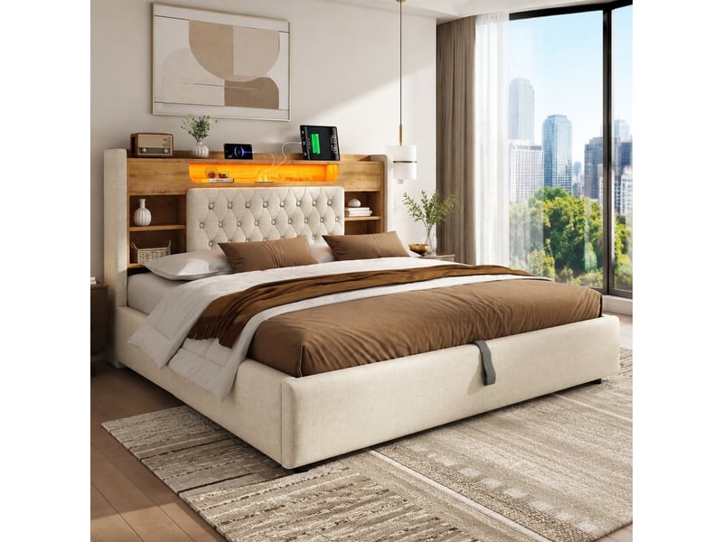  Lit coffre double 180×200 cm avec led, usb et type-c - okmyhome- étagères, tête rembourrée, sans matelas, beige  - Conforama C