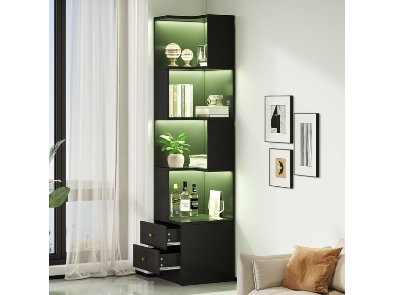  Bibliothèque d'angle en l - 45x43.5x180cm - meuble d'angle led rvb connecté app, 4 niches ouvertes et 2 tiroirs - noir  - Conforama C