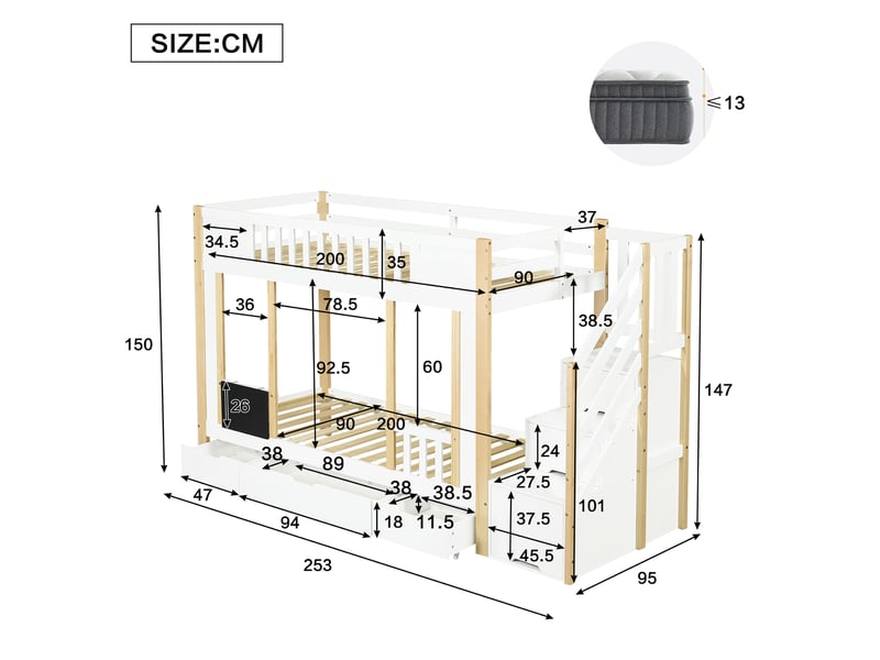  Lit superposé enfant 2 × 90 × 200 cm avec escalier rangement et 3 tiroirs, blancnaturel IKSETERA TRADING LTD - Conforama C