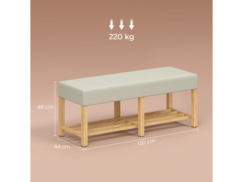  Banc à chaussures, banc de rangement avec siège rembourré, étagère ouverte, bois d'hévéa, bois naturel, 120x44x48cm  - Conforama C