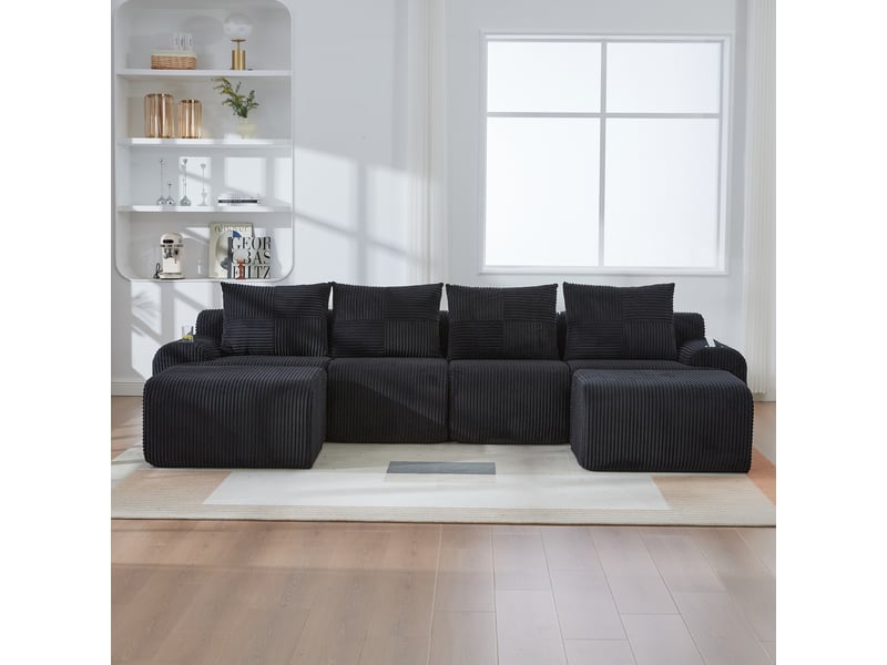  Canapé modulaire 4 places en velours côtelé avec 2 poufs, porte-gobelets, noir  - Conforama B