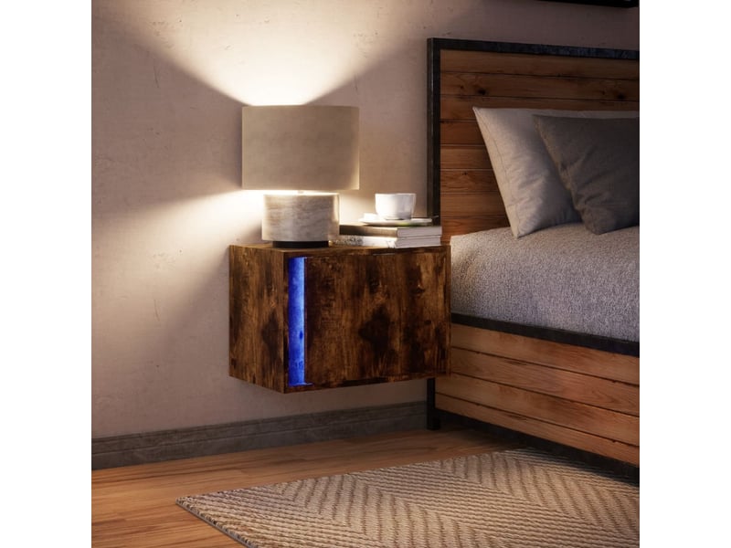 Table de chevet - cabinet de chevet - table de nuit murale avec lumières led chêne fumé - Conforama D