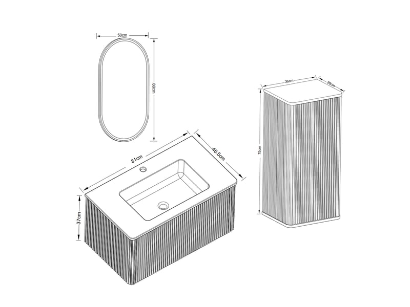  Ensemble meuble de salle de bains avec lavabo, meuble suspendu 81x46,5x37 cm, miroir led 50x80 cm et colonne, mdf, coloris chêne  - Conforama E