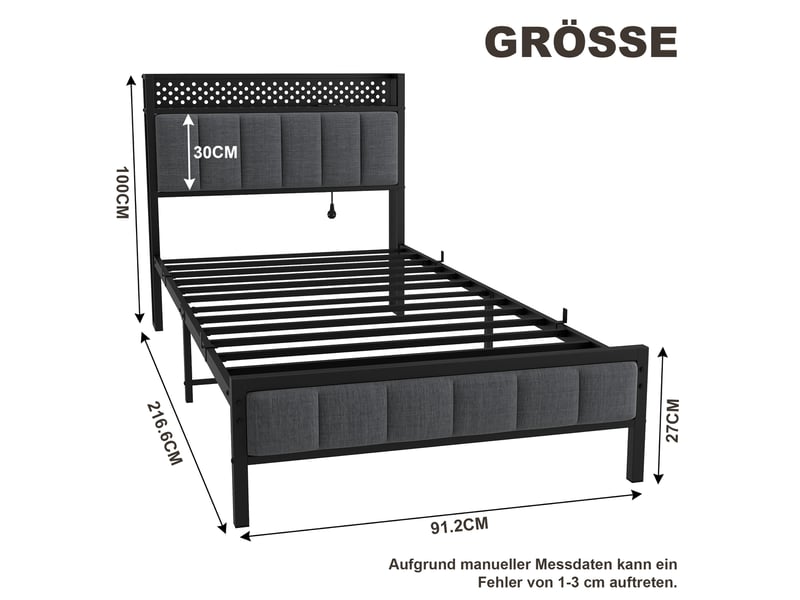  Lit simple en métal 90x200 cm avec rangement et usb noir  - Conforama C