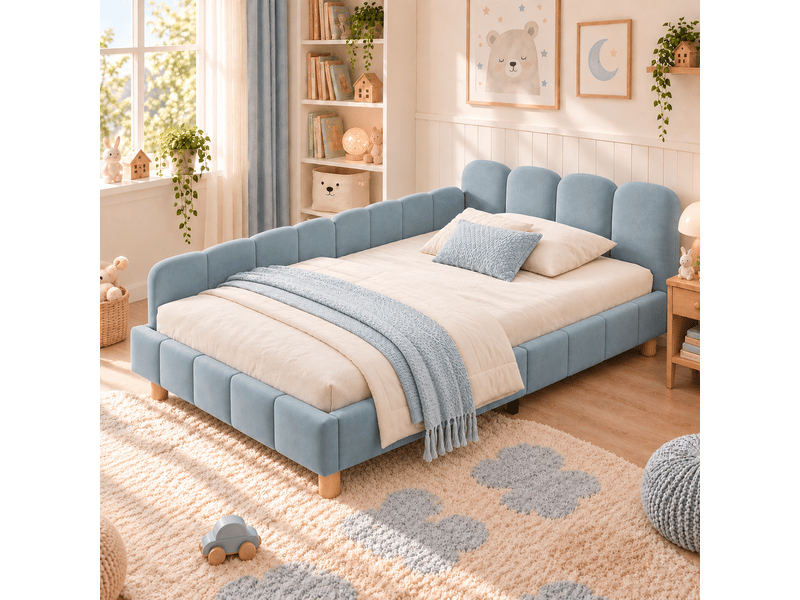  Lit enfant rembourré 90x200 cm en velours avec tête de lit, barrière de sécurité et pieds en bois massif, pour chambre d’enfant - bleu  - Conforama D