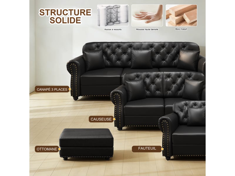  Fauteuil chesterfield fixe noir en simili cuir avec ottoman, 105 x 76 x 86 cm, coussin inclus 105X76X86cm - Conforama D
