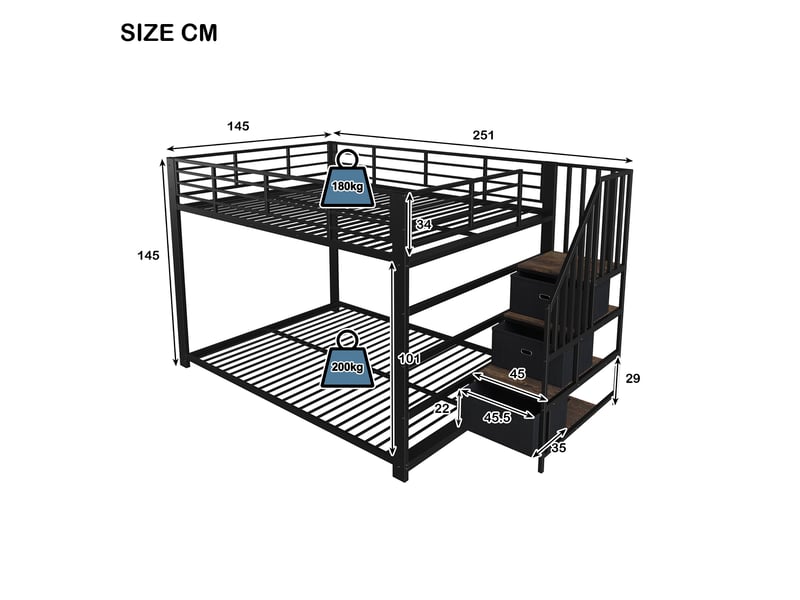  Lit superposé adulte 140x200 cm avec escalier en mdf et métal couleur noir sans matelas, design industriel  - Conforama C