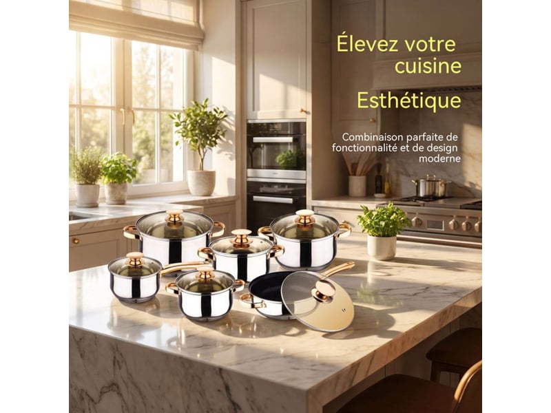  Set de 6 casseroles inox 201 avec couvercles verre teinté finition dorée base 5 couches compatible induction 414350_AABYE66833_6_DROPFR - Conforama D
