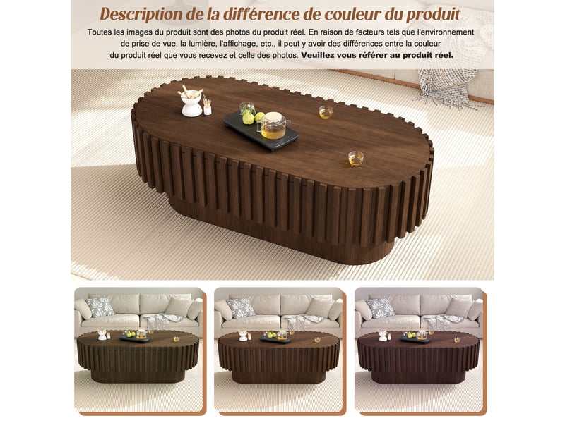  Table basse ovale 100x50x35,5 cm avec 1 tiroir, rangement caché, décor lamelles, salon, effet noyer  - Conforama E