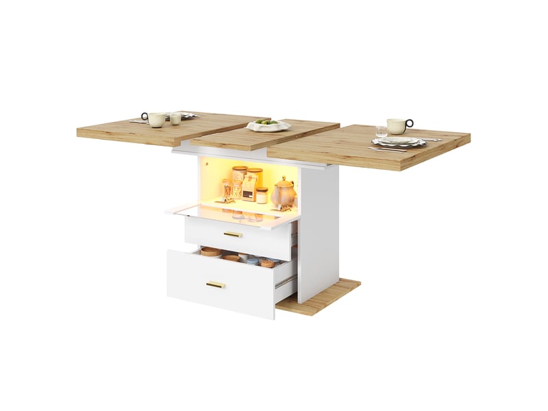 Table de salle à manger extensible avec éclairage led 110-140x80x75 cm, 2 tiroirs et espace de rangement, panneau aggloméré blanc, cuisine - Conforama A