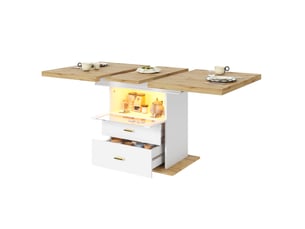 Table de salle à manger extensible avec éclairage led 110-140x80x75 cm, 2 tiroirs et espace de rangement, panneau aggloméré blanc, cuisine