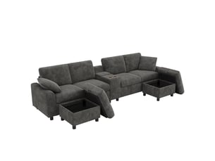 Canapé en u 4 places en velours côtelé gris, canapé d'angle avec coffre de rangement, ports usb et table intégrée pour salon moderne