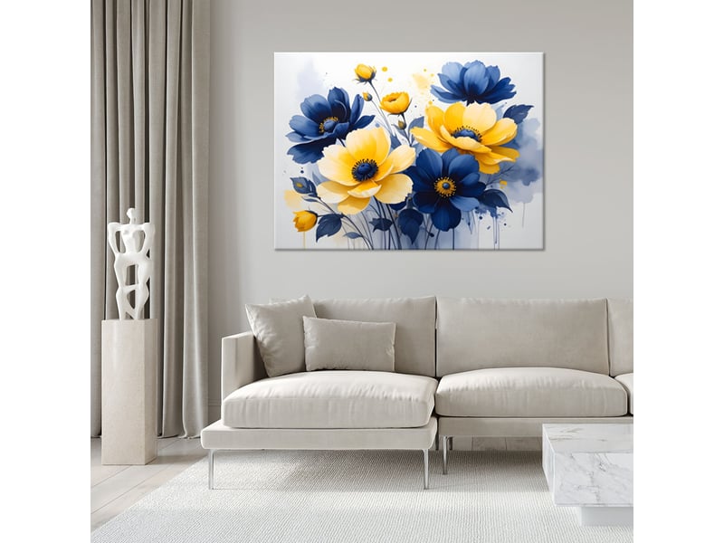  Impression sur toile, fleurs bleues et jaunes dans une aquarelle joyeuse 120x80 1312612091 - Conforama B
