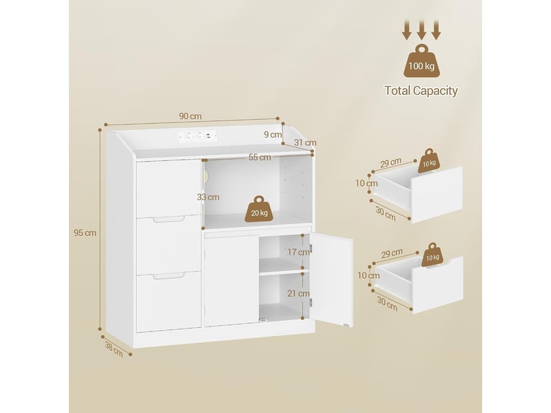 Meuble cuisine,avec plan, travail étagère pour micro-ondes, prise, 3 tiroirs et 2 portes,blanc - Conforama C
