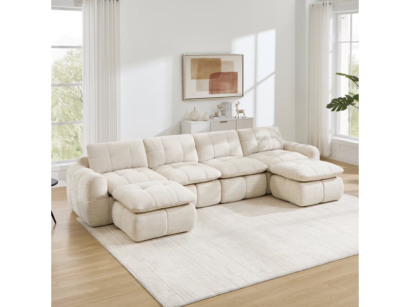 Canapé panoramique en u 4 places modulable avec 2 poufs - lpospi - assise profonde, sans cadre, chenille - beige  - Conforama C