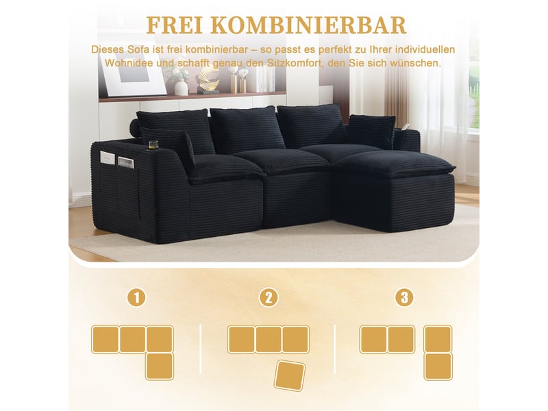 Canapé modulable 3 places en velours côtelé noir, avec pouf, 2 poches latérales, porte-gobelets, 256×161×75 cm - Conforama R