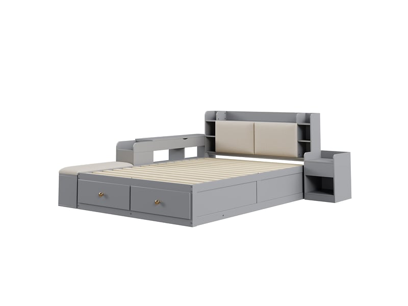  Lit combiné 140x200 cm bois massif gris - tiroirs, chevet, banquette et armoire - rangements intégrés  - Conforama A