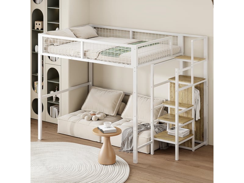 Lit mezzanine enfant 140x200 cm, 249x145x180 cm, escalier avec rangement, métal et mdf, blanc, sans matelas - Conforama E