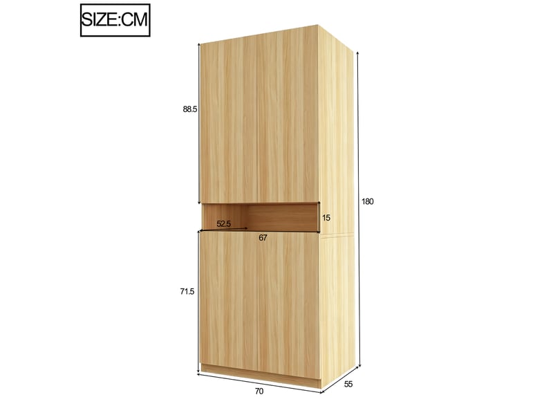  Armoire 70x55x180 cm à 2 portes avec éclairage led, espace de rangement et penderie, mdf, naturel, petit compartiment  - Conforama C