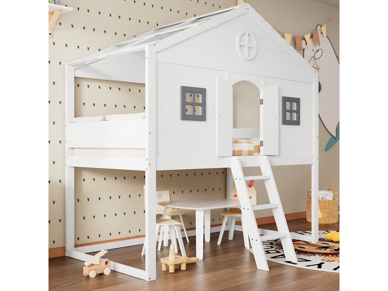  Lit cabane enfant 90x200 cm blanc et gris, fenêtres, escalier, garde-corps et dessous aménageable  - Conforama D