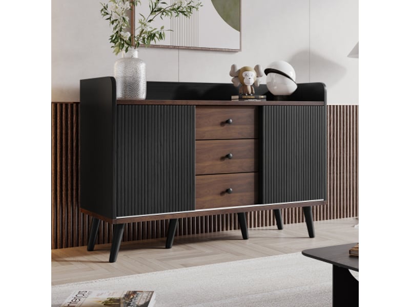  Enfilade bois moderne avec 3 tiroirs et rayonnages, veinage raffiné, h80 x l117,5 x p40 cm  - Conforama E