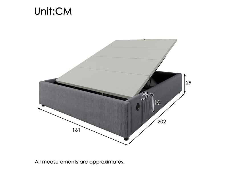  Lit coffre double 160x200 cm avec ports usb et usb-c, bois et métal, gris, sans matelas  - Conforama C
