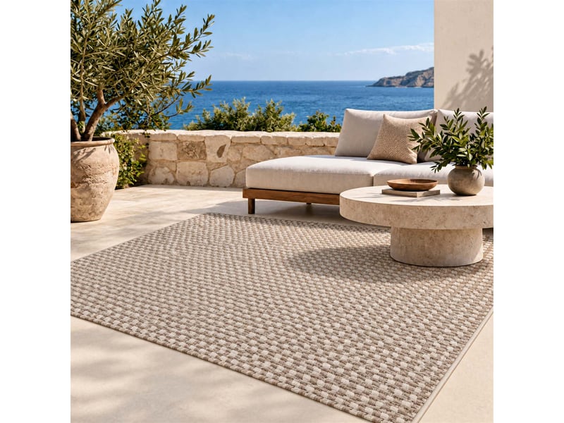  The white stone tapis extérieur à carreaux 140x200 cm gris | pour intérieur et extérieur, résistant aux uv et à l'eau, lavable | tapis en polypropylène tissé à plat effet sisal  - Conforama C