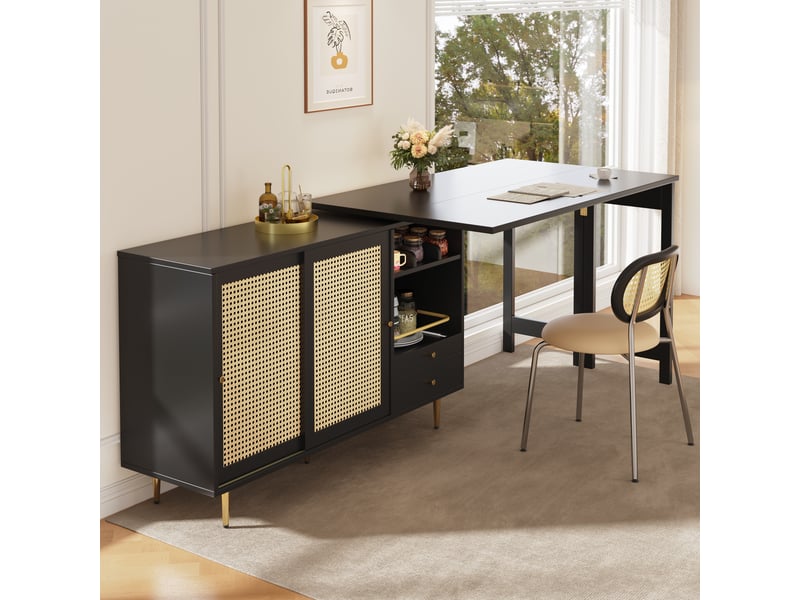 Ilot cuisine, buffet de cuisine avec rangements intégrés, plateau extensible, pivotant à 360°, dimensions 107 x 40 x 71,4 cm, mdf, noir  - Conforama D