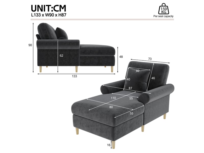  Fauteuil relax inclinable modenvie 1 place en velours gris avec coussin 133 x 87 x 90 cm  - Conforama C