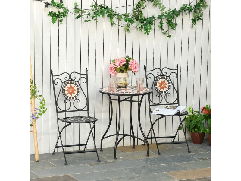  Ensemble bistro 2 places 3 pièces style fer forgé mosaïque céramique motif rose des vents chaises pliables  - Conforama D