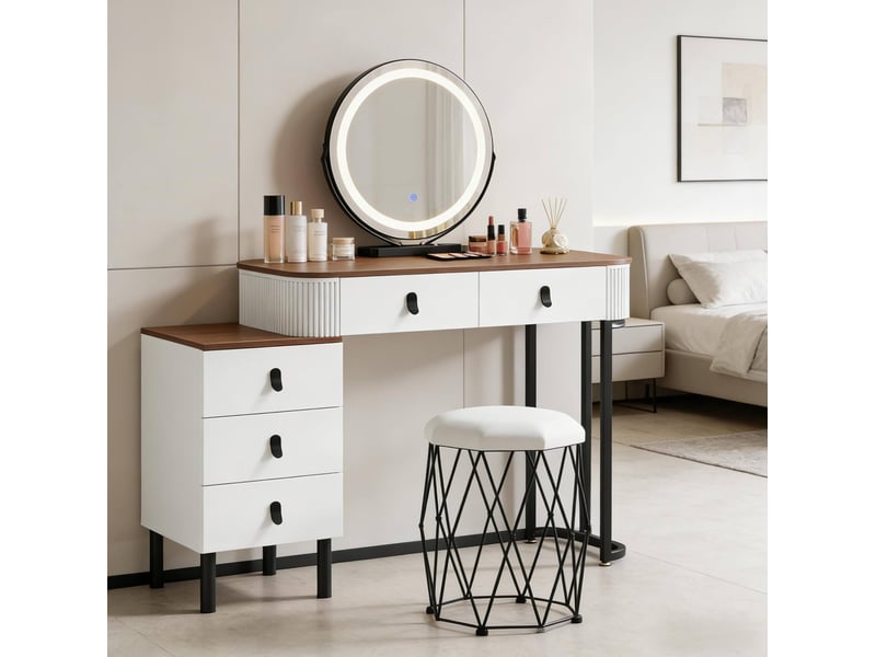  Coiffeuse avec miroir led dimmable, 5 tiroirs et tabouret bicolore evryae  - Conforama D