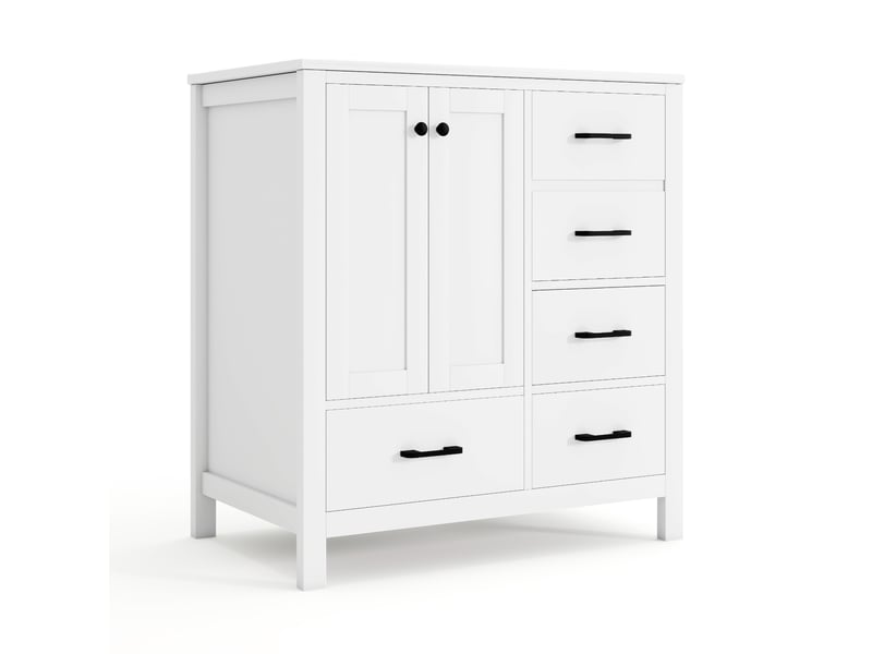 Meuble vasque salle de bain blanc 76 cm avec lavabo céramique intégré, tiroirs et étagères réglables - Conforama D