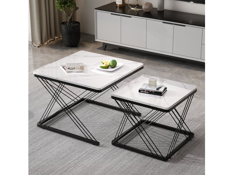  Table basse 2 pièces carrée 60x60x45+45x45x40cm effet marbre(matériau non marbré)pieds réglables mdf noir et blanc  - Conforama R