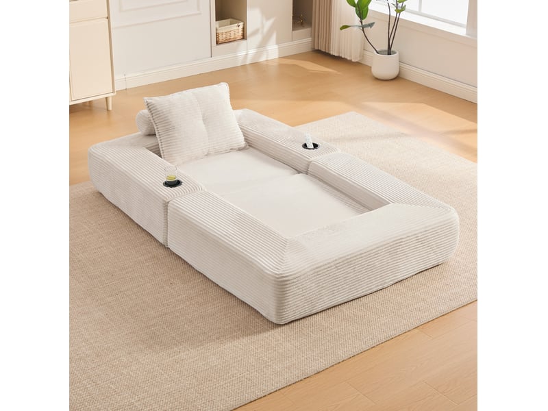 Canapé droit convertible 1 place en velours côtelé beige, avec poche latérale et porte-gobelet intégré - Conforama B