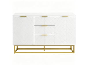 Buffet 120x40x76 cm, avec 2 portes, 3 tiroirs, base et poignées métal, mdf, blanc et doré, rangement salon et cuisine