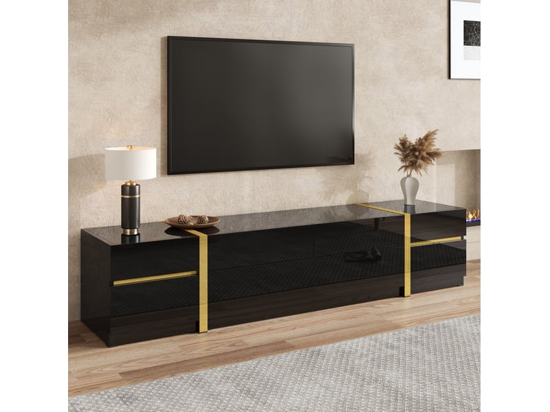  Meuble tv 180x40x38 cm noir finition haute brillance avec bordures dorées, 4 tiroirs et 2 portes en mdf et pb 4071258275867 - Conforama C
