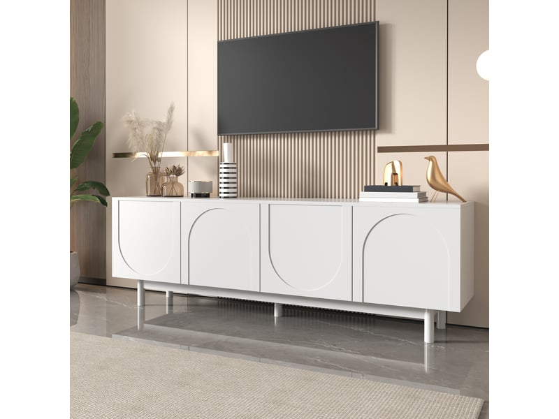  Meuble tv avec 4 portes et étagères réglables pour salon 175×38×56 cm en panneaux de particules blanc  - Conforama C