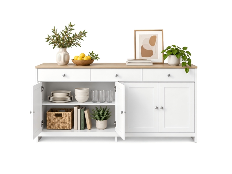 Kefsr buffet bahut 160 cm, enfilade 4 portes et 3 tiroirs, meuble de rangement style campagne rustique, blanc et plateau couleur bois - Conforama A