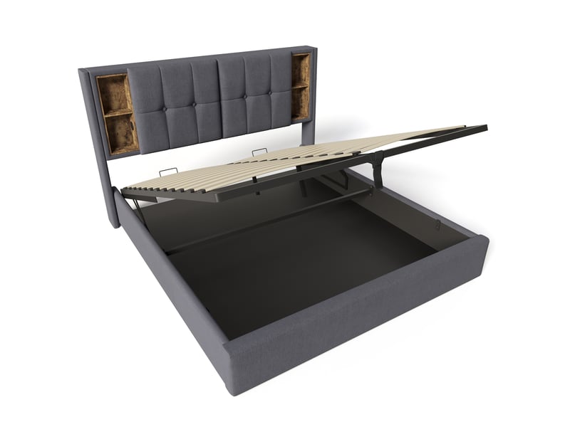  Lit coffre adulte 160x200 cm – gris – rangement relevable, recharge sans fil, usb-c et matelas inclus  - Conforama D