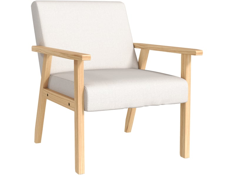  Fauteuil de détente avec accoudoirs et deux grands coussins, assise large et structure en bois, en lin blanc crème  - Conforama A